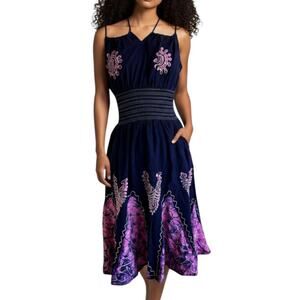 Vintage Jackpot Embroidered Tie Dye Patchwork Halter Dress Rayon Navy Midi M
